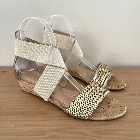 Ellen Tracy Boho Cork Wedge Ankle Sandals Size 7.5 Gold Woven Tan Elastic Straps - Picture 2 of 11